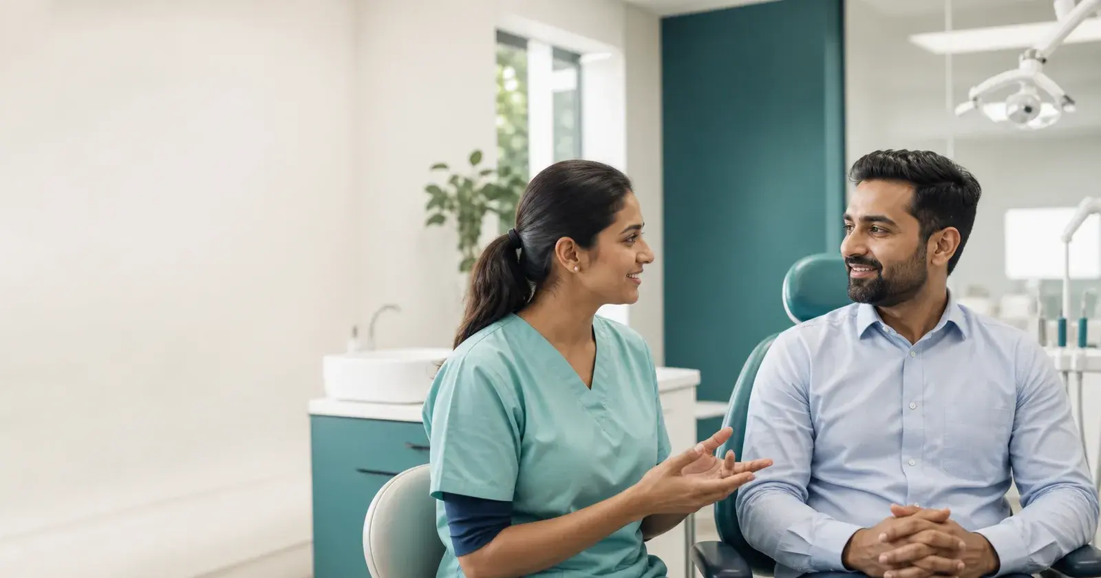 Synthetic image of a patient speaking with a dental care professional